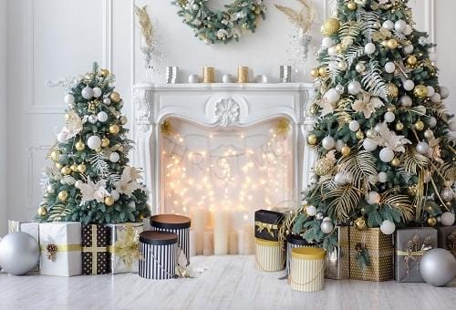 white fireplace with Christmas theme