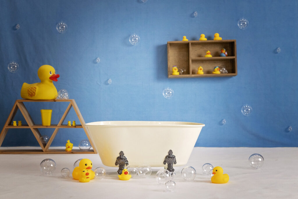 Rubber duckies with a bubble bath theme