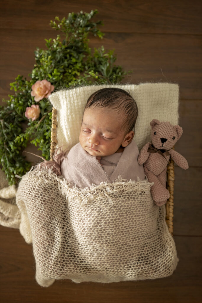 Newborn girl in a basket with pink accents and a pink teddy bear