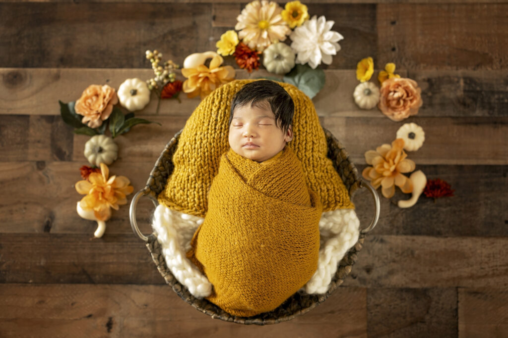 newborn girl with fall colors