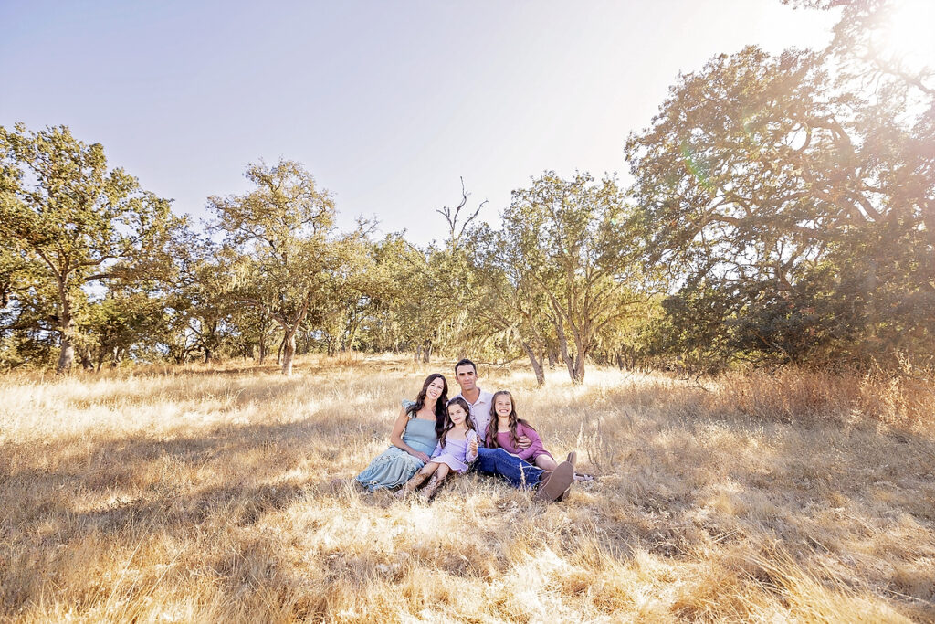 family of four sitting together in a field of golden grass