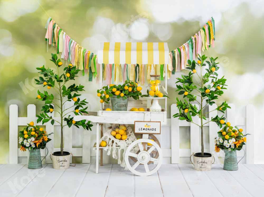 Lemonade stand backdrop with lemons, lemon trees and a lemonade cart