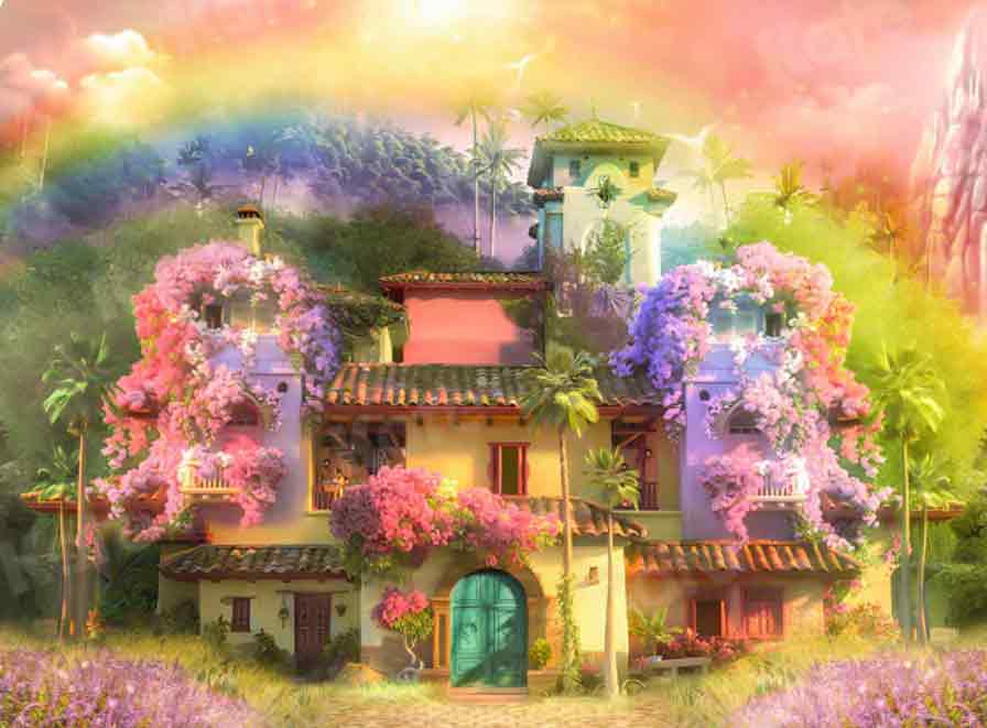 A whimsical, pastel-colored house surrounded by lush greenery and overflowing with vibrant flowers in pink, purple, and blue hues. A glowing rainbow arcs over the scene, with sunlight breaking through a dreamy, painted sky. The house features terracotta roof tiles, balconies, arched windows, and a bright teal front door, creating a magical and enchanted atmosphere reminiscent of a fairytale or animated fantasy world.