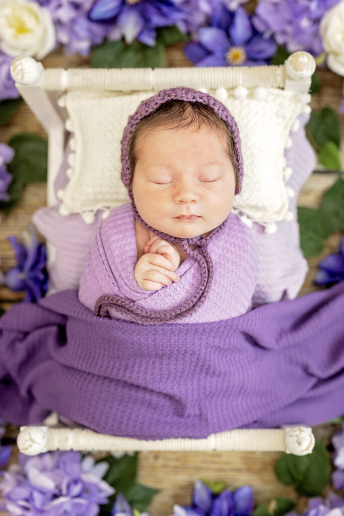 Overhead view of baby girl wrapped in purple with lavender blooms encircling her.